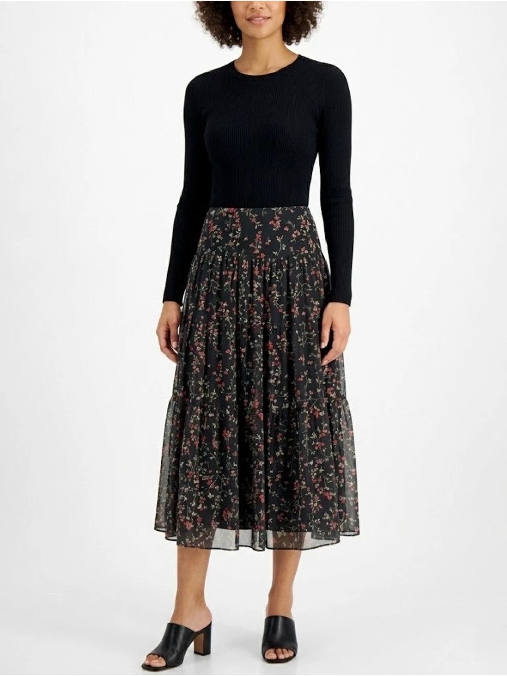 Ralph Lauren Black Midi Tiered Skirt with Pink Floral Scatter
